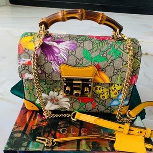 Gucci Padlock Flora GG Supreme Bamboo Handbag
